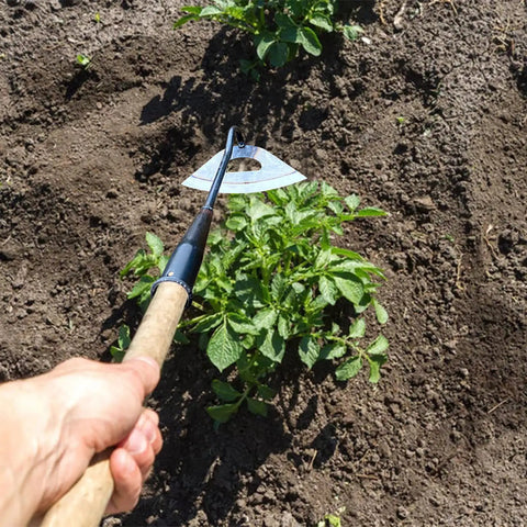Using the All Steel Hollow Garden Hoe With Long Handle, Heavy Duty Weeding Tool for efficient weeding in a garden.