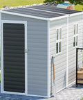 4x8 Foot Resin Lean To Shed With Floor, Waterproof Outdoor Storage Shed, Lockable Door And Window, Plastic Tool Shed in Backyard