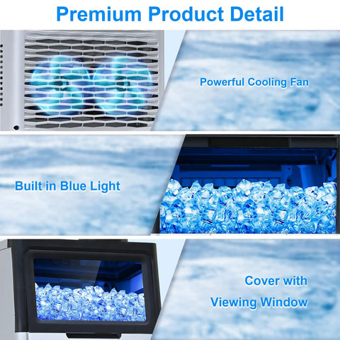 Commercial Ice Maker 100 Lbs Per Day Under Counter Or Freestanding 22 Lbs Ice Storage detail view with fans and blue light