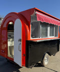 Fully Custom Mobile Food Trailer Concession Rig With Complete Commercial Kitchen For Festivals Pop Up Vendors Dessert Trucks And Drink Bars Built Tough And Ready To Roll with red awning and open side.