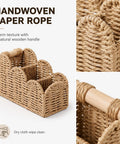 Handwoven Paper Rope Desk Organizer Basket with Wooden Handle, natural texture, multi-compartment caddy, gray