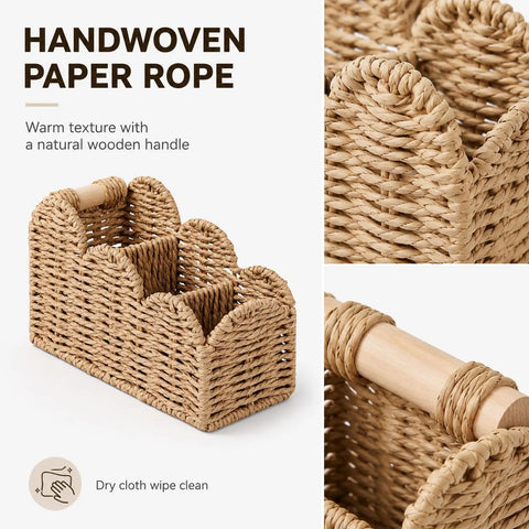 Handwoven Paper Rope Desk Organizer Basket with Wooden Handle, natural texture, multi-compartment caddy, gray
