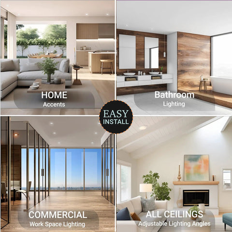 4 Inch Gimbal LED Recessed Light Canless Eyeball LED Fixture With 5 CCT Selectable 2700K 3000K 3500K 4000K 5000K Dimmable 630 Lumen Tilt Adjustable For Sloped Ceilings Includes Metal Junction Box 6 Pack in various room settings.