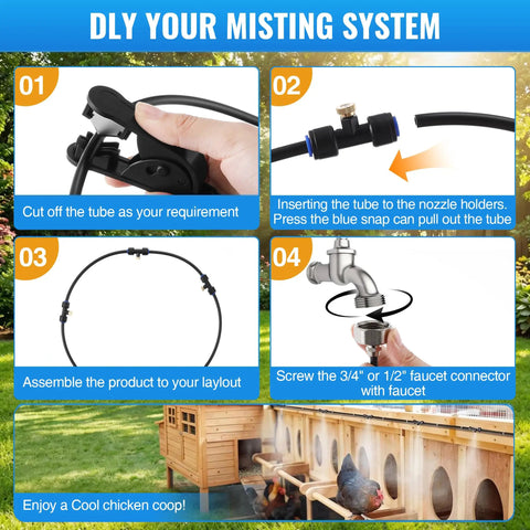 Instructions for setting up Outdoor Misting And Cooling System For Patio And Chicken Coop 20 Ft With 10 Brass Nozzles Filter