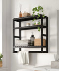 Over The Toilet Storage Bathroom Shelves Wall Mounted 3 Tier Black Rack Space Saving Organizer with towels and toiletries.