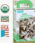 Organic Mini Mushroom Grow Kit For Gourmet Oyster Mushrooms In 10 Days Easy At Home Harvest No Fuss Gardening Gift box and mushrooms.