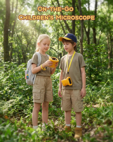 Super Cool 1000X Digital Microscope For Kids Handheld With 4K Display And 2MP Camera Portable Pocket Microscope STEM Educational Toy For Boys And Girls Ages 3 6 12 Yellow, children using it outdoors