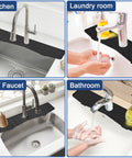 Extended Silicone Faucet Splash Guard And Sink Overflow Mat With Integrated Sponge Rest and Rapid Drain Cutouts in kitchen and bathroom settings.