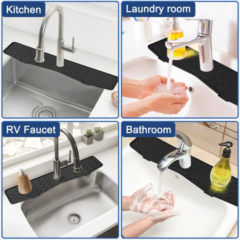 Extended Silicone Faucet Splash Guard And Sink Overflow Mat With Integrated Sponge Rest and Rapid Drain Cutouts in kitchen and bathroom settings.