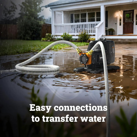 Beast 20V Water Transfer Pump With PowerShare Battery System Delivers 5.75 GPM in action during home water removal