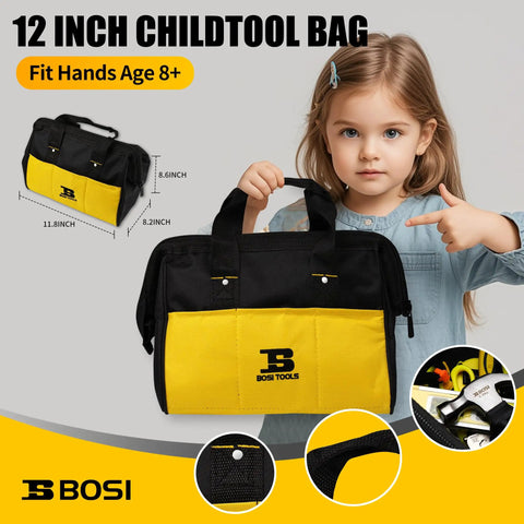 Young girl holding yellow and black child tool bag as part of 20-Piece Kids Tool Set With Storage Bag Real Hand Tools With Soft Rubber Handles Learning Diy Kit For Boys And Girls Kid Friendly Home Projects And Basic Repairs.