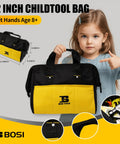 12 inch child tool bag with yellow and black design shown with a child, suitable for ages 8+, part of 14 Piece Kids Hand Tool Set With Storage Bag For Home DIY Projects Real Tools With Kid Friendly Rubber Handles Safe Learning Tool Kit For Boys And Girls Perfect Starter Garage Kit.