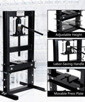 Beefed Up Heavy Duty 6 10 12 20 Ton H Frame Hydraulic Shop Press With Adjustable Worktable And Plates For Metal Bending And Straightening, Ideal For Auto Repair, Bearing Removal, And DIY Garage Projects. Black steel 6T H-frame hydraulic shop press with adjustable height and movable press plate