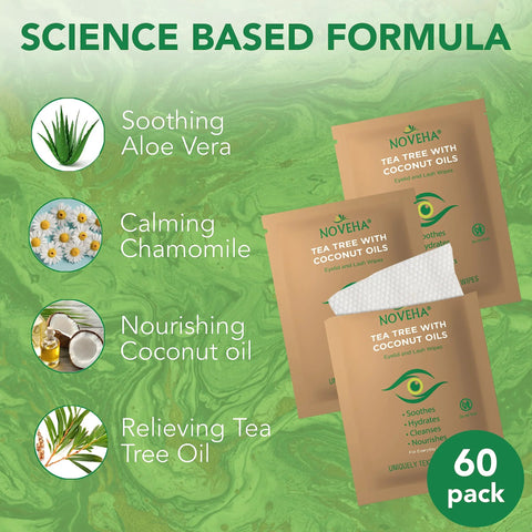 NOVEHA eyelid and lash wipes with tea tree and coconut oils, 60-pack, individually wrapped