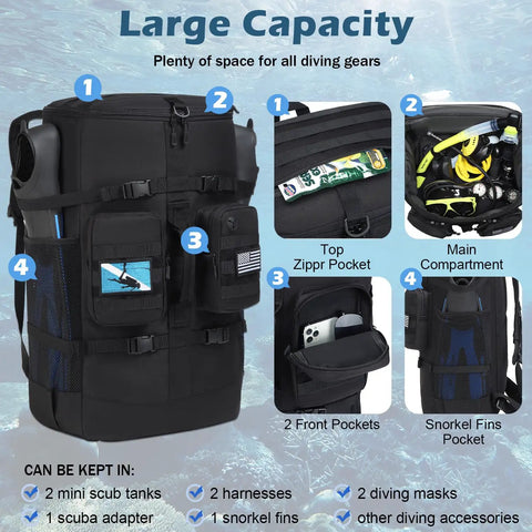 65L Scuba Diving Backpack for Travel With Large U Opening Gear Bag, showcased with zip pockets and compartments for diving gear.