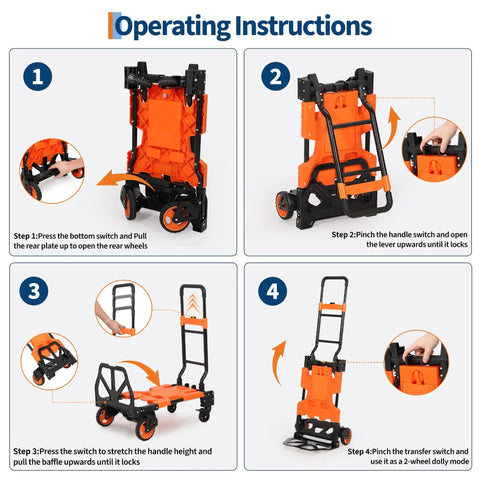 2-In-1 Folding Hand Truck Dolly With 330 Lb Capacity, Convert From Two-Wheel Dolly To Four-Wheel Flatbed Cart In Seconds, Heavy-Duty Steel Frame, Folds Flat For Easy Storage And Fast Jobsite Hauls, operating instructions diagram