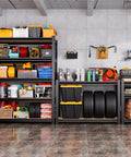 Sturdy 71 Inch Heavy Duty Garage Shelving Unit With 2050 Lb Capacity, 5 Adjustable Steel Shelves filled with various tools and storage items.