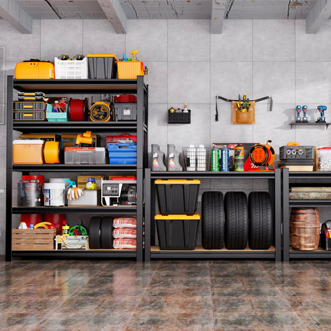 Sturdy 71 Inch Heavy Duty Garage Shelving Unit With 2050 Lb Capacity, 5 Adjustable Steel Shelves filled with various tools and storage items.