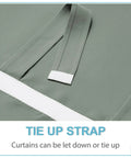 Close-up of door window curtain panel in sage green showing tie-up strap feature, W26 x L69 inch, room darkening, thermal insulated.