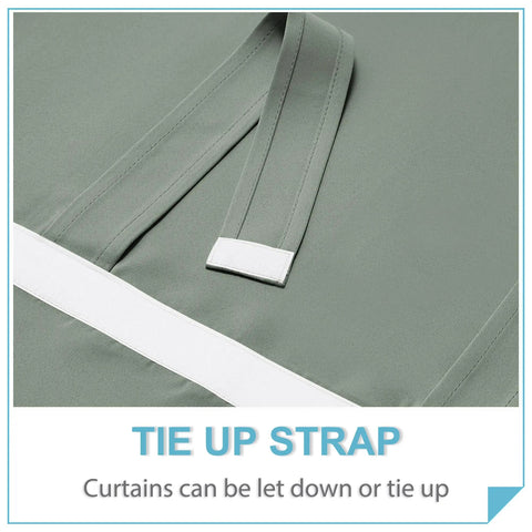 Close-up of door window curtain panel in sage green showing tie-up strap feature, W26 x L69 inch, room darkening, thermal insulated.