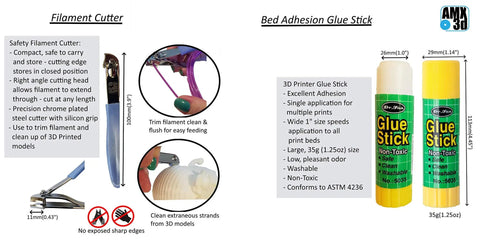 Pro Grade 3D Printer Tool Kit with filament cutter and adhesive glue sticks for cleaning and finishing 3D prints.