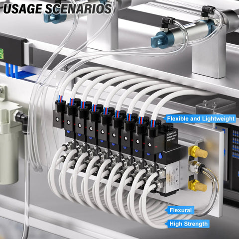 Rugged White Nylon Air Brake Hose Tube Quarter Inch Bore Three Eighths Wall Thirty Two Foot Heavy Duty Pneumatic Line connected to valves.