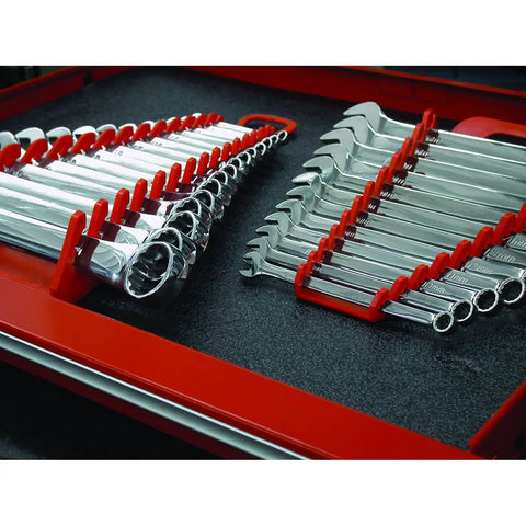 Portable Fifteen Wrench Organizer That Holds One Quarter Inch Through One And One Eighth Inch And Six To Twenty Millimeter Wrenches With Grab And Go One Hand Access And Quick Engagement Wall Mount Pegboard Or Cart Side Mount in use on a red tool tray.