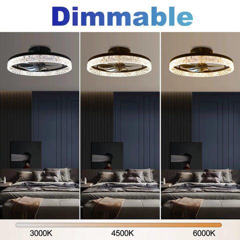 Low Profile Ceiling Fan With Lights Remote Control Modern Flush Mount Dimmable LED in three color temperatures above bed