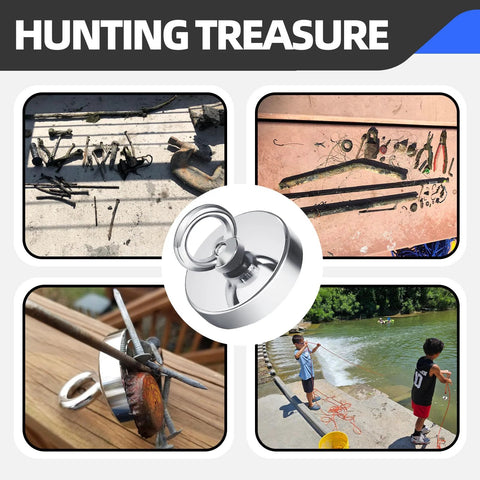 Magnet Fishing Kit collage: 2.4-inch neodymium magnet with handle and 65ft rope; shows metal finds and outdoor fishing.
