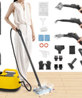Heavy Duty Handheld Steam Cleaner For Spotless Home Cleaning, features accessories and steam wand in use.