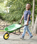 Child with John Deere Officially Licensed Kids Wheelbarrow For Backyard Projects 34 Inch Steel Wheelbarrow With Comfortable Vinyl Grips