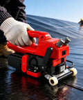Tough As Nails Pro Grade Hot Wedge Plastic Welder For Pond Liners And HDPE Geomembrane Sealing With 1100W Crawling Rig and Dual Rubber Wheels For PVC PE EVA Sheets in use.
