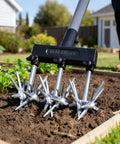 Rotary Cultivator Garden Tool With Long Handle For Easy Clod Breaking And Seedbed Prep with adjustable star wheels in use