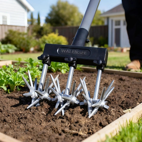 Rotary Cultivator Garden Tool With Long Handle For Easy Clod Breaking And Seedbed Prep with adjustable star wheels in use