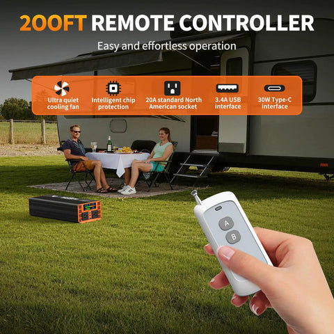 Rock Solid 3000 Watt Power Inverter For Car And Home 12V Dc To 110V Ac Converter With 6000 Peak Watts seen with remote control outdoors.