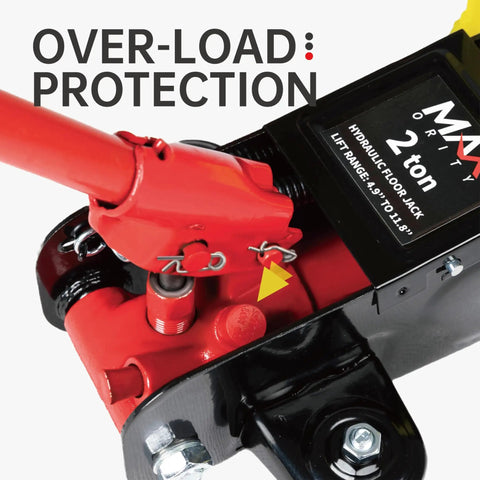 Close-up of 2 Ton Hydraulic Trolley Floor Jack for Home Garage and Shop with over-load protection feature and red handle