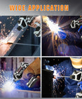 Portable Arc Welder Gun 110V 120A With IGBT Inverter in use, sparking during welding in various positions, closeup of four scenes