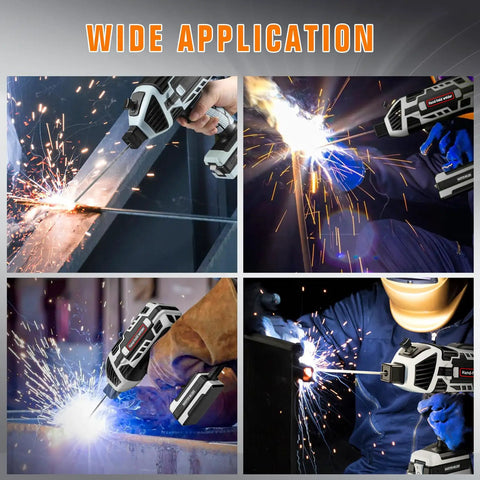 Portable Arc Welder Gun 110V 120A With IGBT Inverter in use, sparking during welding in various positions, closeup of four scenes