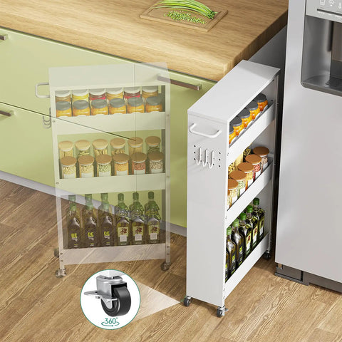 Slim 4 Tier Rolling Storage Cart For Tiny Spaces Space Saver Narrow Metal Utility Cart On Wheels With Handle, white in kitchen