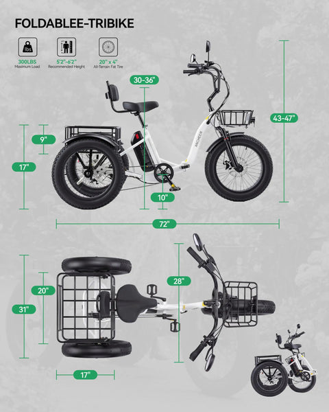 Electric Tricycle For Adults With 749W Motor And 48V Battery, white foldable 3-wheel trike with 20x4 fat tires and rear basket