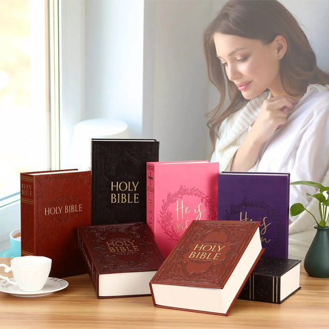 Woman next to stacked books with a Discreet Bible Themed Diversion Safe With Real Pages 9.3 By 6.1 By 2.3 Inches Hidden Money Box