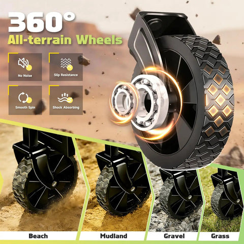 360 swivel wheel on Heavy Duty Collapsible Wagon Cart For All Terrain Use With 100Kg Load Capacity illustrating terrain navigation