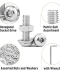 Stainless Steel Fastener Kit With 810 Pieces Nuts Bolts And Washers For DIY Projects shown with hex bolt, washers, and wrench.