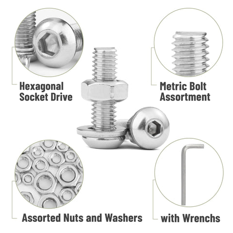 Stainless Steel Fastener Kit With 810 Pieces Nuts Bolts And Washers For DIY Projects shown with hex bolt, washers, and wrench.
