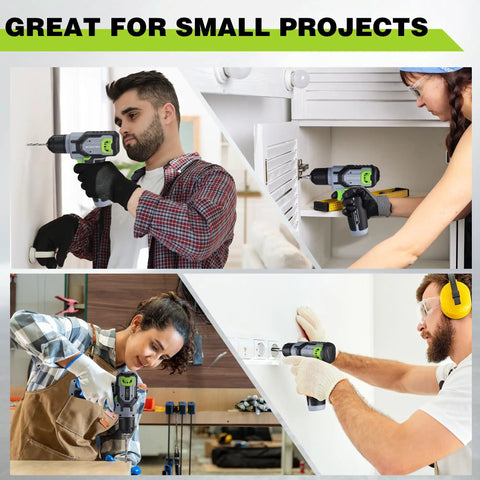 Eight Volt Cordless Drill Driver Kit With 53 Piece Bit Set in use for DIY projects, featuring 2.0Ah battery and LED work light.
