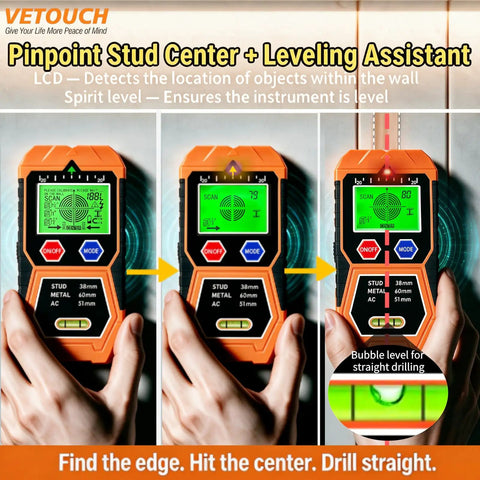 No Sweat 7 In 1 Wall Scanner And Stud Finder That Sniffs Out Wood Metal AC Wire And Iron Fasteners Behind Drywall Features Bright LCD Screen Instant Audio Chirp Integrated Bubble Level And Bullseye Precision For Flawless Diy Upgrades