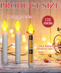 108 Piece Flameless LED Taper Candles Set Battery Operated Flickering Candlesticks No Mess Easy Setup For Halloween Christmas Weddings Church Parties Decoration White For Any Occasion showing size and battery setup