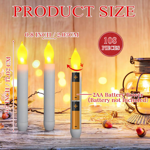 108 Piece Flameless LED Taper Candles Set Battery Operated Flickering Candlesticks No Mess Easy Setup For Halloween Christmas Weddings Church Parties Decoration White For Any Occasion showing size and battery setup