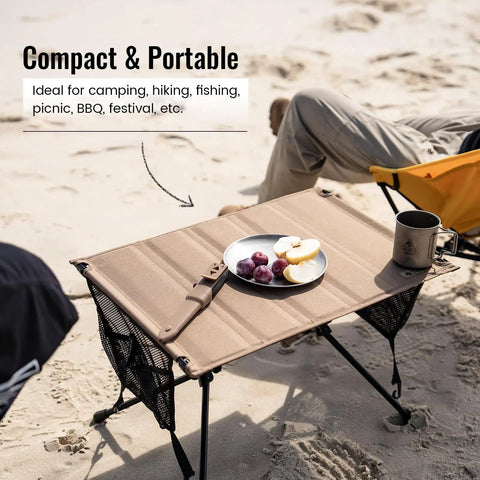Ultralight Foldable Camping Table With Quick Setup, Sturdy And Stable Build Weighing Only 2.4 Lbs on beach with food and drink