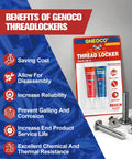 Packaging of Blue And Red Thread Locker Set 6ml Each Two Pack with benefits listed beside image; includes bolts and screws.